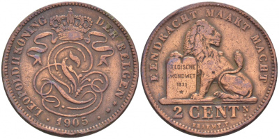 БЕЛЬГИЯ 2 САНТИМА 1905 BELGEN KM 36 медь 4448-715