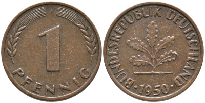 ФРГ 1 пфеннига 1950 J KM 105, J. 380 сталь плакированная медью 99-1253