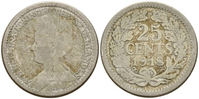 Нидерланды 25 центов 1918 Вильгельмина I (1890-1948) KM 146 серебро    4189-164