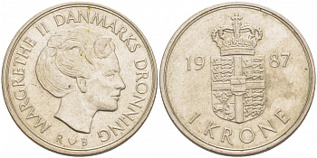 ДАНИЯ 1 КРОНА 1987 S; B, МАРГРЕТЕ II (1972-) KM 862.3 медно-никель 86-1137
