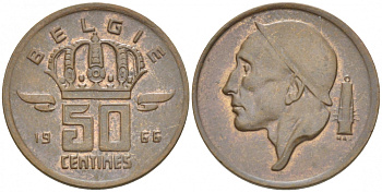 БЕЛЬГИЯ 50 САНТИМОВ 1966 BELGIE KM 149.1 бронза 3996-1253