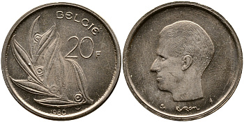 БЕЛЬГИЯ 20 ФРАНКОВ 1980 BELGIE, БОДУЭН I (1951-1993) KM 160 никель бронза 4388-1226