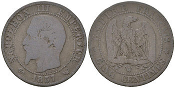 Франция 5 сантимов 1857 W, Наполеон III (1852-1870) KM 777 бронза 4616-315
