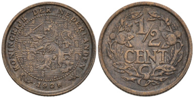 Нидерланды 1/2 цента 1928 Вильгельмина (1890-1948) KM 138 бронза 4576-465