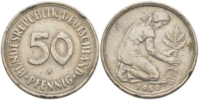 ФРГ 50 ПФЕННИГОВ 1950 F KM 109.1, J. 384 медно-никель 75-468