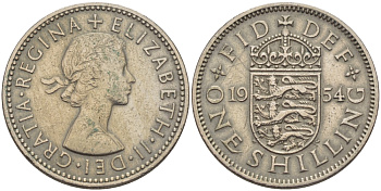 Великобритания 1 шиллинг 1954 Елизавета II (1952-2022), Английский герб KM 904, Spink 4147 медно-никель 67-834
