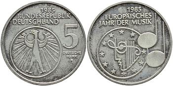 ФРГ 5 МАРОК 1985 F, ГОД МУЗЫКИ КМ 162, J.437 медно-никель плакированный никелем UNC 4394-136