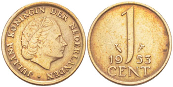 Нидерланды 1 цент 1953 Юлиана (1948-1980) КМ 180 бронза 3309-343