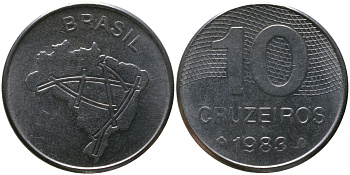 Бразилия 10 крузейро 1983 KM 592.1, Schon 101 нержавеющая сталь 4514-1213