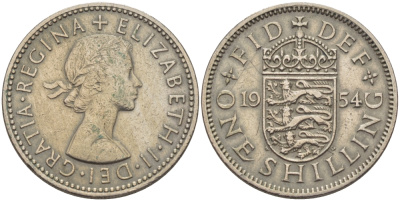 Великобритания 1 шиллинг 1954 Елизавета II (1952-2022), Английский герб KM 904, Spink 4147 медно-никель 67-834