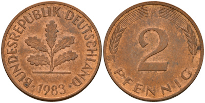 ФРГ 2 пфеннига 1983 J J.381a, KM 106a сталь плакированная медью    4598-867