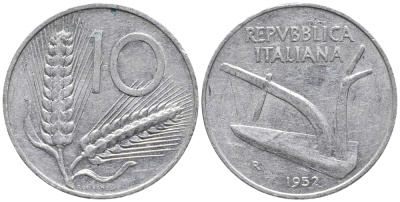 ИТАЛИЯ 10 ЛИР 1952 R, ПЛУГ KM 93 алюминий 34-1243