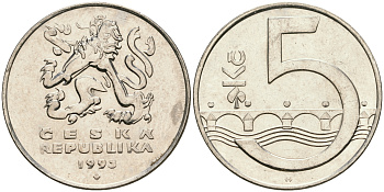 Чехия 5 крон 1993 чешский лев, Карлов мост KM 8 сталь плакированная никелем 08-911