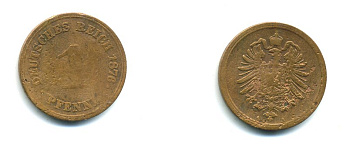 ГЕРМАНИЯ 1 ПФЕННИГ 1876 A, СТАРОГЕРБОВКА KM 1, J. 1 медь 23-643