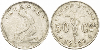 БЕЛЬГИЯ 50 САНТИМОВ 1928 BELGIE KM 88 никель 261-1168