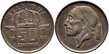 БЕЛЬГИЯ 50 САНТИМОВ 1965 BELGIQUE KM 148.1 бронза 4392-837