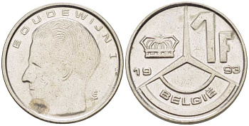 БЕЛЬГИЯ 1 ФРАНК 1993 BELGIE, БОДУЭН I (1951-1993) KM 171 железо плакированное никелем 206-229