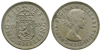 Великобритания 1 шиллинг 1955 Елизавета II (1952-2022), Шотландский герб KM 905, Spink 4148 медно-никель 4384-554