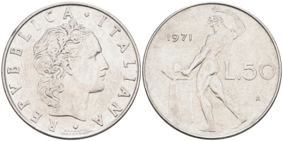 ИТАЛИЯ 50 ЛИР 1971 R, БОГ ОГНЯ ВУЛКАН У НАКОВАЛЬНИ KM 95.1 нержавеющая сталь 4589-644