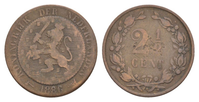 Нидерланды 2 1/2 цента 1886 Виллем III (1849-1890) KM 108 бронза 56-515