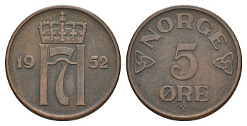 Норвегия 5 эре 1952 Хокон VII (1905-1957) KM 400 бронза 4635-543