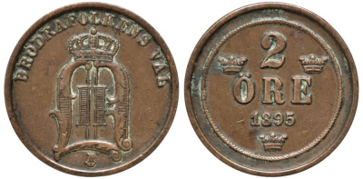 Швеция 2 эре 1895 Оскар II (1872-1907) король Швеции и Норвегии KM 746 бронза 4556-945