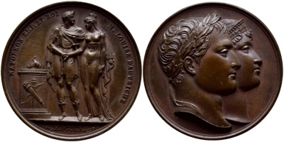 Франция медаль 1810 на свадьбу Наполеона Бонапарта с Луизой-Марией Австрийской, диаметр 32 мм, вес 18,96 г Bramsen 954. Slg. Julius 2264 бронза 00-815-22