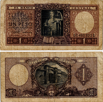 АРГЕНТИНА 1 ПЕСО 1956 СЕРИЯ D 60490 Pick 263b, Bottero 1917 бумага 6279-23-1-2