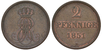 Ганновер 2 пфеннига 1851 B, Эрнст Август (1837-1851) KM 202.1, AKS 124, J. 75 медь 72-412