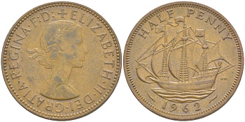 Великобритания 1/2 пенни 1962 Елизавета II (1952-2022) KM 896, Spink 4158 бронза 4544-127