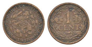 Нидерланды 1 цент 1916 Вильгельмина (1890-1948) KM 152 бронза 75-138