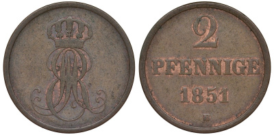 Ганновер 2 пфеннига 1851 B, Эрнст Август (1837-1851) KM 202.1, AKS 124, J. 75 медь 4681-1012