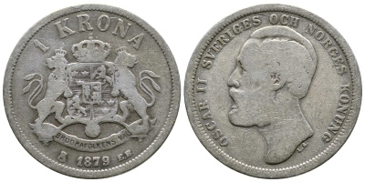 Швеция 1 крона 1879 EB, Оскар II (1872-1907) король Швеции и Норвегии KM 747 серебро 4178-433