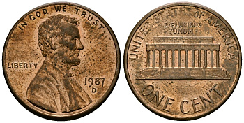 США 1 цент 1987 D, Линкольн KM 201b цинк плакированный медью 4136-324