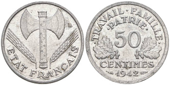 ФРАНЦИЯ 50 САНТИМОВ 1942 ТИП FRANCISQUE, LOURDE, ПРАВИТЕЛЬСТВО ВИШИ KM 914.1, LE FRANC 195.2 алюминий 44-338