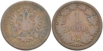 Австрия 1 крейцер 1858 А, Франц Иосиф (1846-1918) KM 2186 медь 201-869
