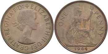 Великобритания 1 пенни 1964 Елизавета II (1952-2022) KM 897, Spink 4157 бронза 4593-242