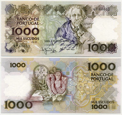 ПОРТУГАЛИЯ 1000 ЭСКУДО 1983 2 АВГУСТА 1983, ТЕОФИЛ БРАГА, МУЗЕЙНЫЙ АРТЕФАКТЫ Pick 181a бумага aUNC 8564-8-2