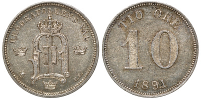 Швеция 10 эре 1891 EB, Оскар II (1872-1907) король Швеции и Норвегии KM 755 серебро aUNC 4179-634