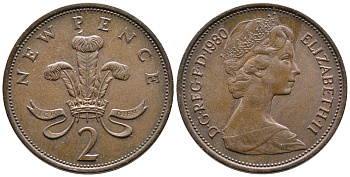 Великобритания 2 пенса 1980 Елизавета II (1952-2022) KM 916, Spink 4235 (C1) бронза 87-735
