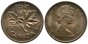 Канада 1 цент 1976 Елизавета II (1952-2022), кленовый лист KM 59.1 бронза 46-1841