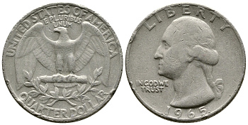 США 25 центов (квотер) 1965 Вашингтон KM 164а медь плакированная медно-никелем 57-1332