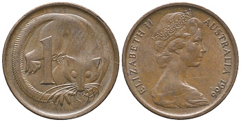 АВСТРАЛИЯ 1 ЦЕНТ 1966 ЕЛИЗАВЕТА II, МОЛОДОЙ ПОРТРЕТ, ОПОССУМ КМ 62 бронза 100-816