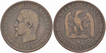 ФРАНЦИЯ 10 САНТИМОВ 1855 BB, НАПОЛЕОН III (1852-1870) KM 771.3, LE FRANC 133.23 бронза 38-1113