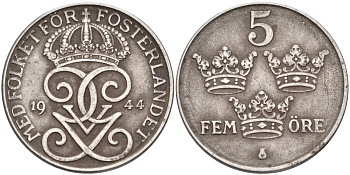 Швеция 5 эре 1944 Густав V (1907-1950) KM 812 железо 4557-714