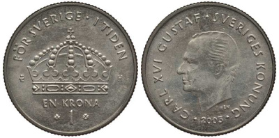 Швеция 1 крона 2005 U, Карл XVI Густав (1973- ) KM 894 медно-никель 113-816
