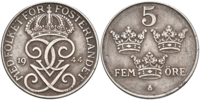 Швеция 5 эре 1944 Густав V (1907-1950) KM 812 железо 4557-714