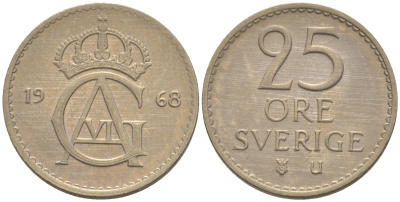 Швеция 25 эре 1968 Густав VI Адольф (1950-1973) KM 836 медно-никель UNC 187-838