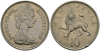 Великобритания 10 пенсов 1981 Елизавета II (1952-2022) KM 912, Spink 4231 (F1) медно-никель 4384-924