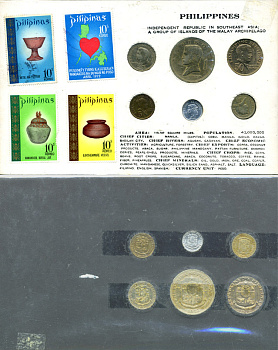 Филиппины набор из 6 монет 1967-1974 монеты из обращения + 4 марки керамика, набор для туристов, в картоне 3-6-3-30